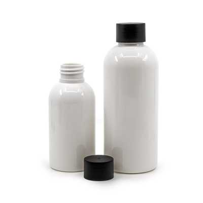 Plastová láhev bílá, černý uzávěr, 200 ml