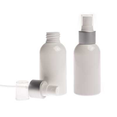 Plastová láhev bílá, bílý rozprašovač, stříbrná matná obruč, 150 ml