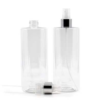 Plastová láhev, průhledná, průhledný sprej, stříbrná lesklá obruč, 500 ml  