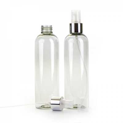 Plastová láhev, recyklovaná, průhledný sprej, stříbrná lesklá obruč, 250 ml