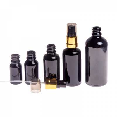 Skleněná lahvička, černá lesklá, černo-zlatý rozprašovač, kouřový vršek, 10 ml