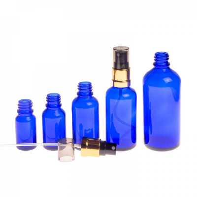 Skleněná lahvička, modrá, černo-zlatý sprej, kouřový vršek, 15 ml