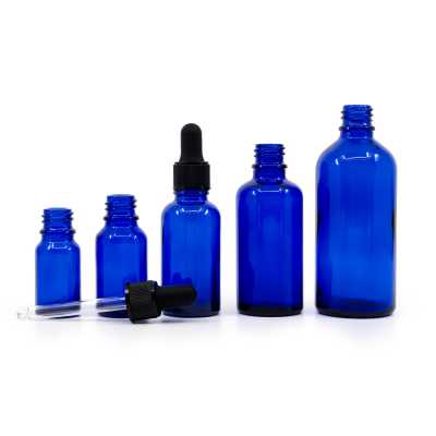 Skleněná lahvička, modrá, černé matné kapátko, 30 ml