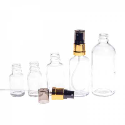 Skleněná lahvička, průhledná, černo-zlatý rozprašovač, kouřový vršek, 10 ml 