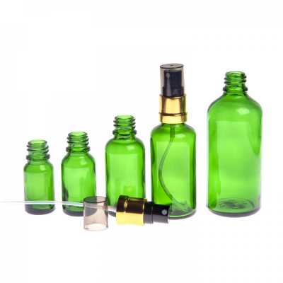 Skleněná lahvička, zelená, černo-zlatý rozprašovač, kouřový vršek, 10 ml